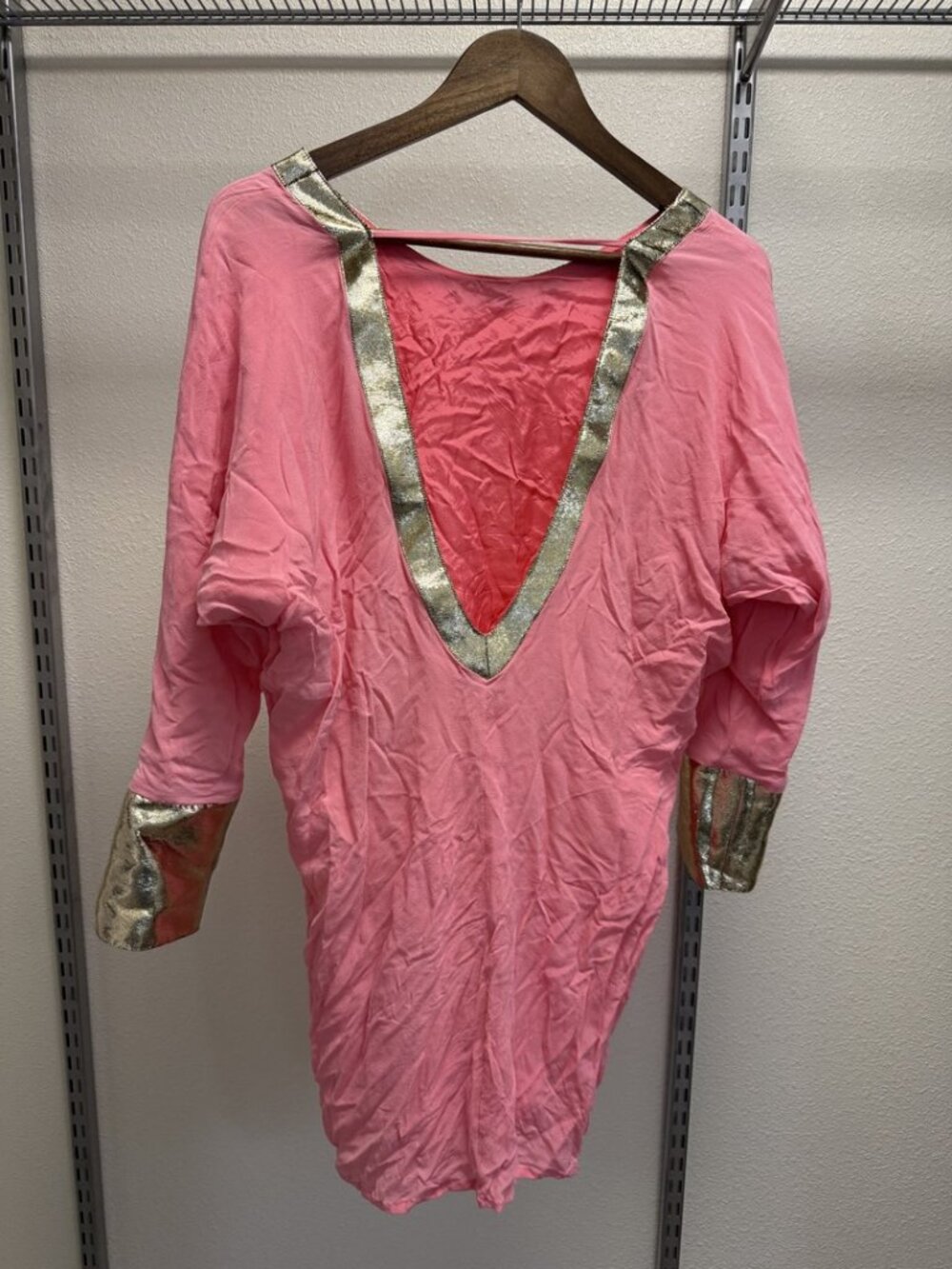 Ella Luna Paris Dress Fantasme Silk Tunic Salmon Coral Gold Trim V-Neck L